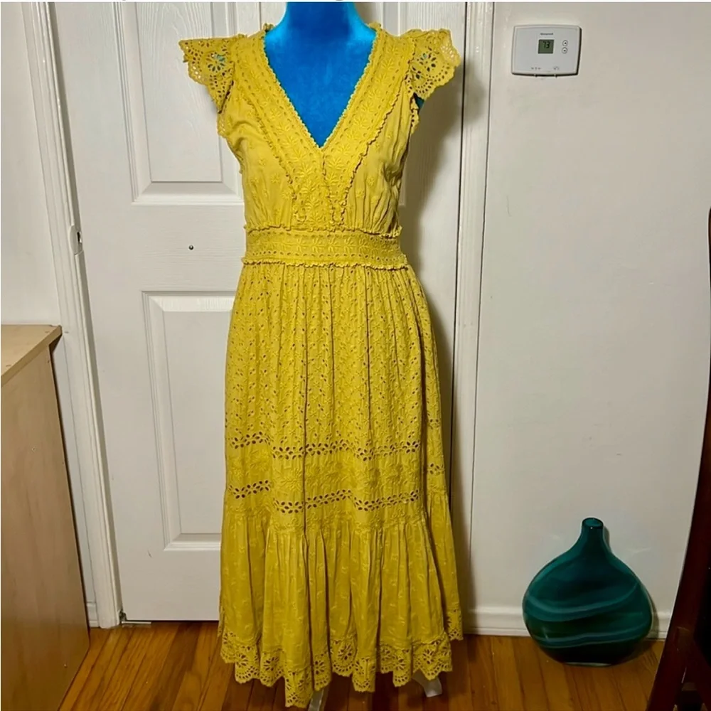 Ulla Johnson V-Neck Dress with Ruffles - Chartreuse Yellow - Excellent Condition - Picture 4 of 11
